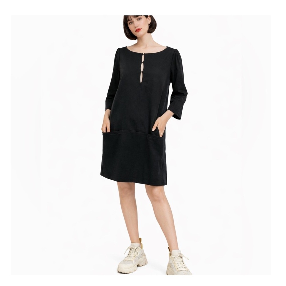 Emerson Fry Women Chore Pocket Shift Dress XS Black Keyhole Boho Fall Casual